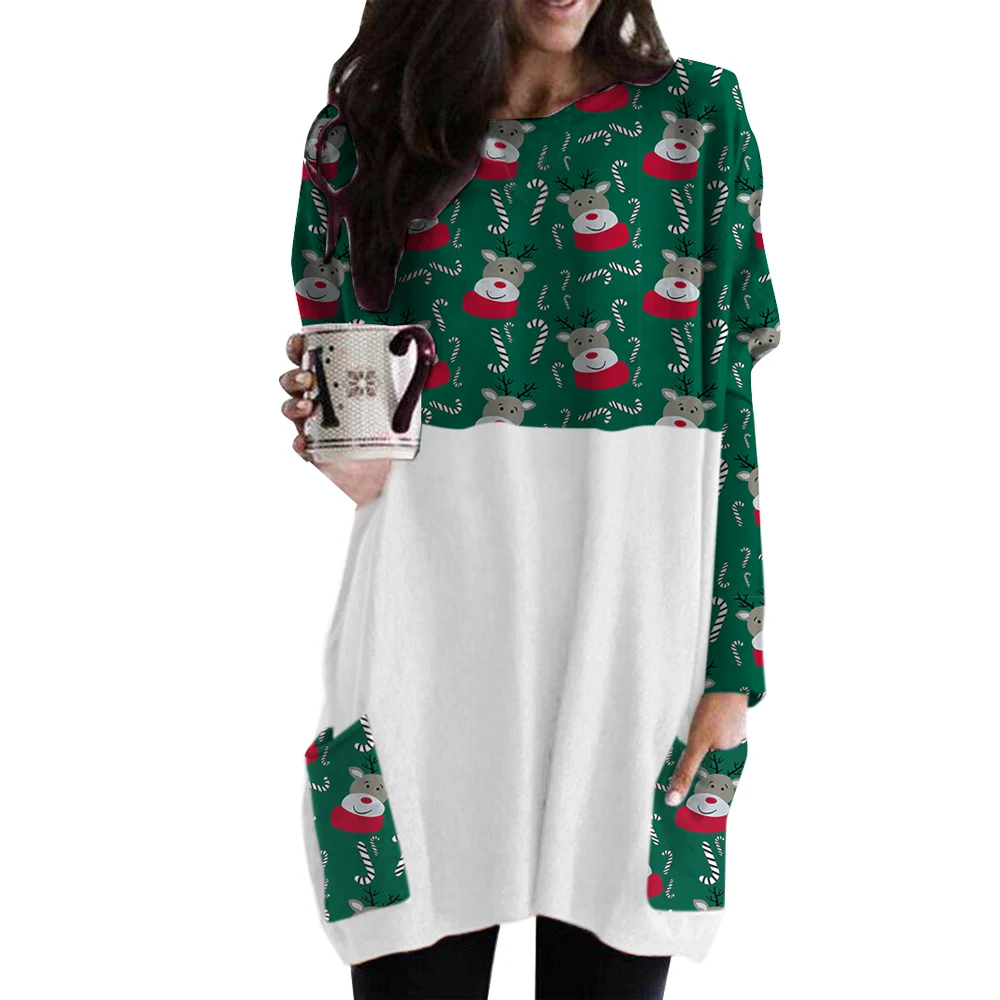 

Christmas Theme Dress for Women Patchwork Pockets Decor O-Neck Long Sleeve Deer Leeter Tree Print Casual Loose Mini Vestidos
