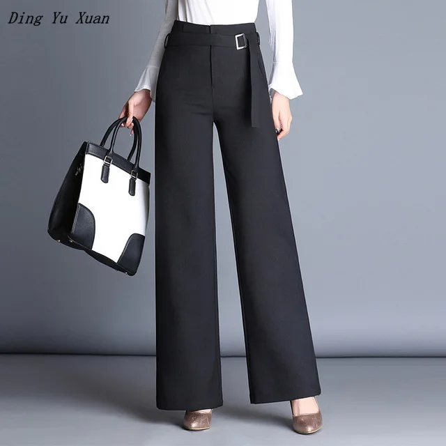 

Autumn Plus Size High Waist Work Palazzo Pants for Women Belt Office Loose Long Pants Female Black Wide Leg Trousers Plus Size