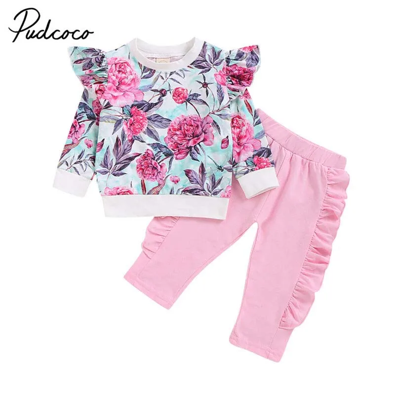 Г. Весенне-осенняя одежда для малышей Футболка с рукавами-крылышками для новорожденных девочек топ+ штаны с оборками, спортивный костюм комплект из 2 предметов