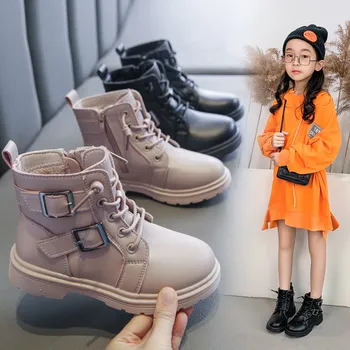 

Zipper pink black shoes fashion girl boots 2020 winter footwear flat heel boots round toe lace-up plus velvet girls