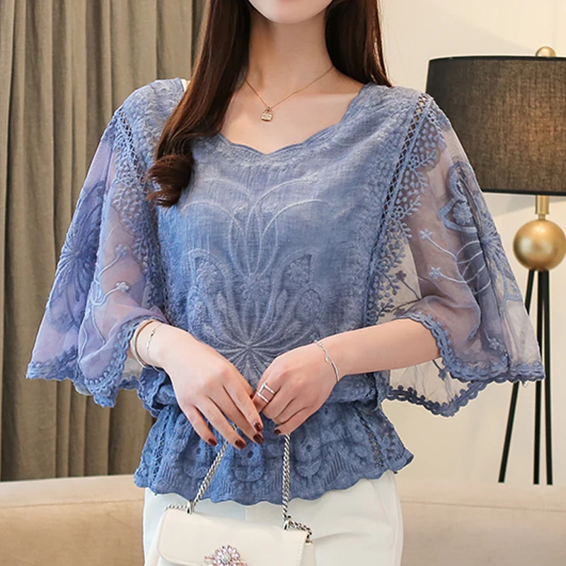 

2019 New Autumn Blouse O-Neck Summer Full Cotton Edge Lace Blouses Shirt Butterfly Flower Half Sleeve Women Shirt Fashion