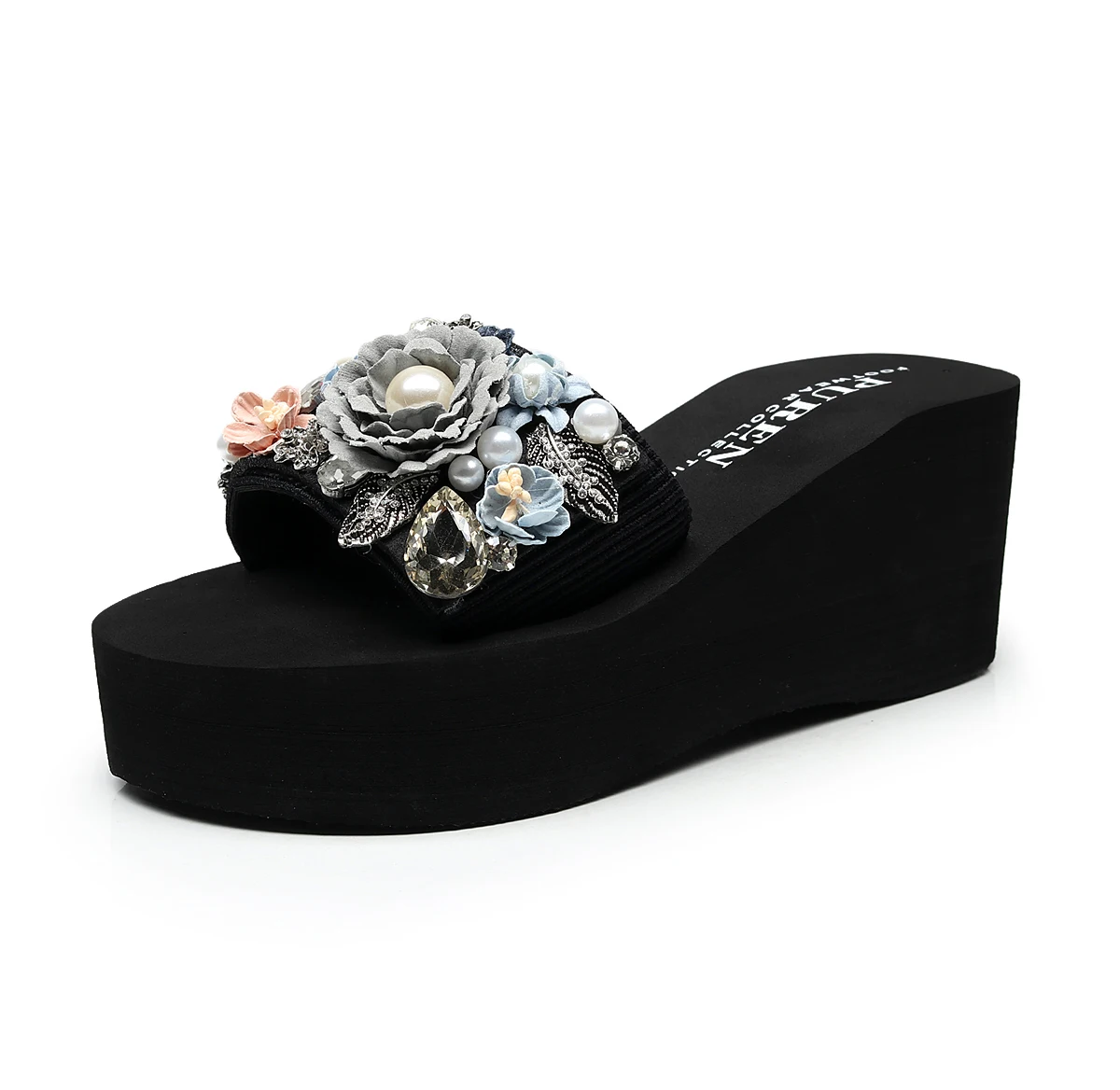 heel height 7cm gray Vogue/повседневные женские шлепанцы; модные женские туфли на высоком каблуке, украшенные цветами и жемчугом; пляжные шлепанцы без задника - Цвет: heel height 7cm gray
