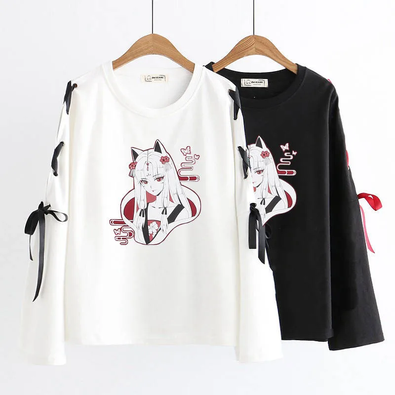 Футболка с рисунком кота для женщин, повседневные топы с длинными рукавами, футболки Kawaii, женские Лолиты, для девочек, Neko Atsume, японские рубашки аниме Blusa Vestidos