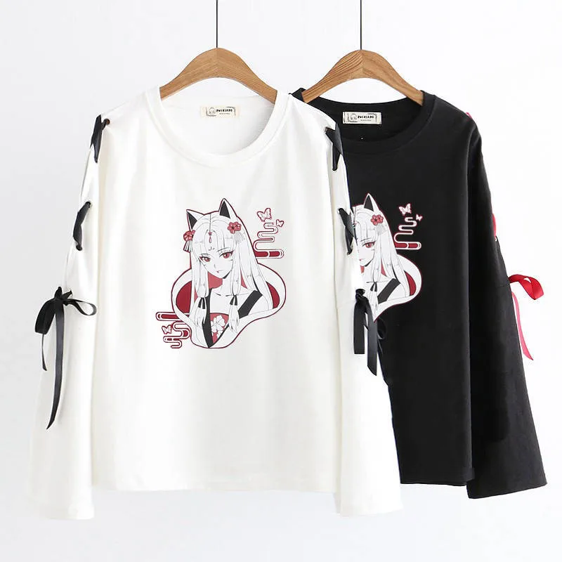 

Cartoon Cat T Shirt Women Casual Long Sleeve Top Tees Kawaii Female Lolita Girls Neko Atsume Japan Anime Shirts Blusa Vestidos