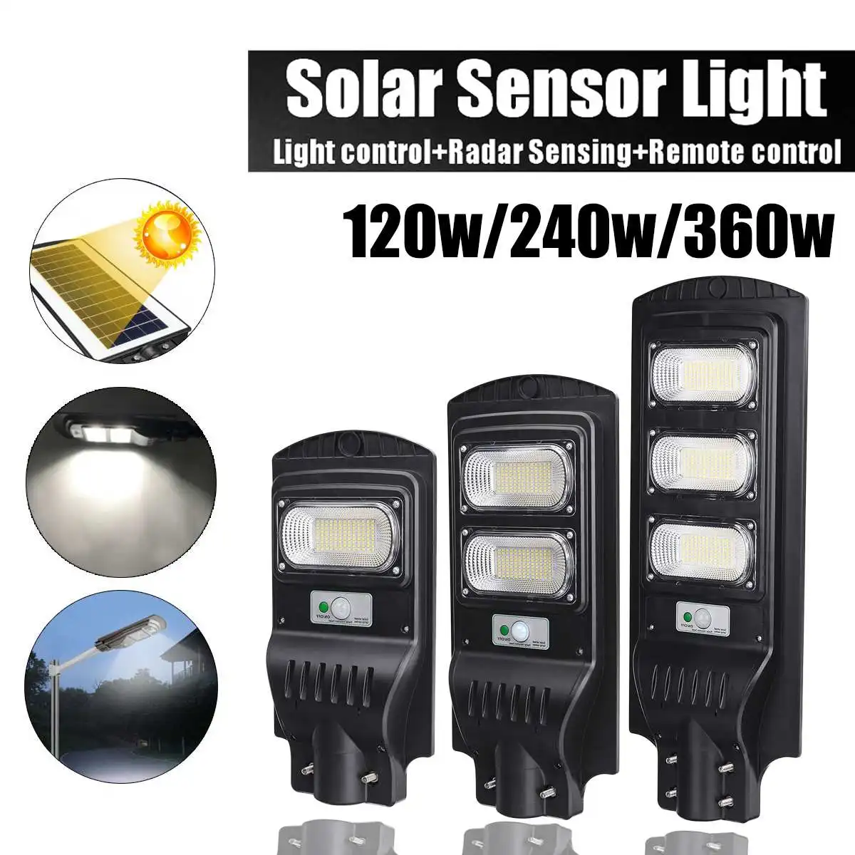 

120/240/360W Solar Street Light Dusk to Dawn Outdoor Security Light 7000K IP65 Waterproof Floodlight Yard Light