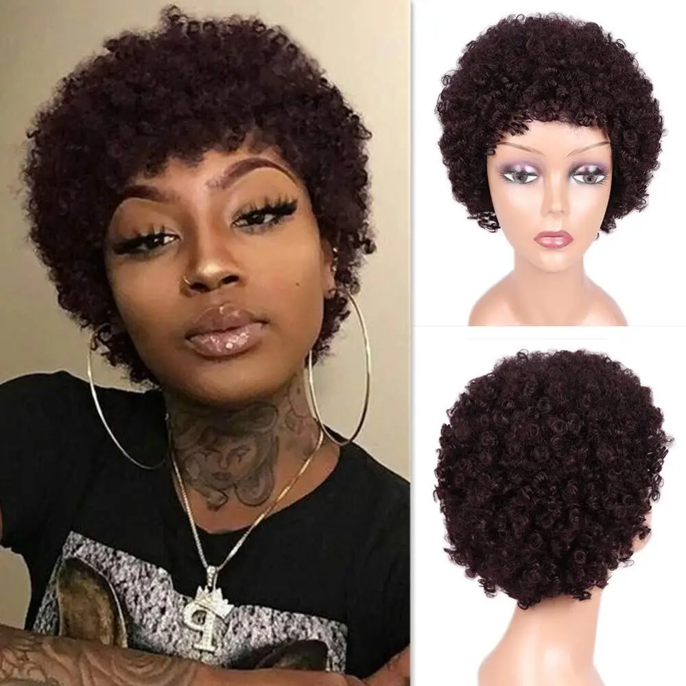 FAVE Short Afro Wig Brazilian Remy Human Hair Wigs 99J# Color Afro Kinky Curly Wigs for Black Women Full Wig free shipping