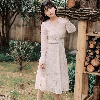 

fashion The New V-neck Lace Was thin Trumpet sleeve belt dress Free shipping