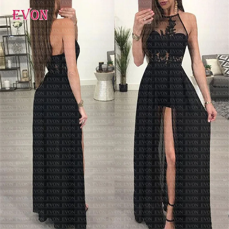 Black Long Prom Dresses 2020 Sexy Halter Split Backless Chiffon A Line Evening Dress Cocktail Dress For Women Vestidos De Gala