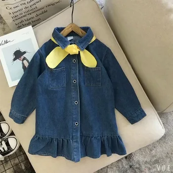 

Thunderers Toddler Kids Baby Girl Casual Dress Yellow Ribbons Two Pockets Single Breasted Ruffles Long Sleeves Denim Dress 3Y-8Y