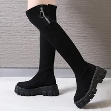 Женские замшевые высокие носки; ботинки с боковой молнией в байкерском стиле; ботильоны до колена на толстой подошве; повседневные теплые зимние ботинки-трубы