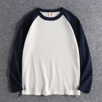 

2020 Waffle Fabric Color Contrast Stitching Fashion Youth Base Coat Autumn and Winter Men's Round Neck Long Sleeve T-shirt Top