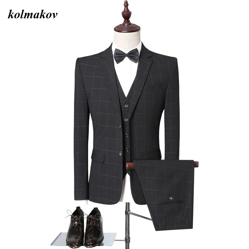 

New Arrival Style Men Boutique Plaid Suits Fashion Casual Plaid Slim Men's Wedding Dress Three-piece Suits Coat Plus Size S-5XL