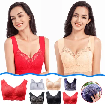 

Women's Lace Underwear Without Steel Ring Plus Size Unadjustable Sports Extra-Elastic Breathable Gathered Bra Solid Color חזיה