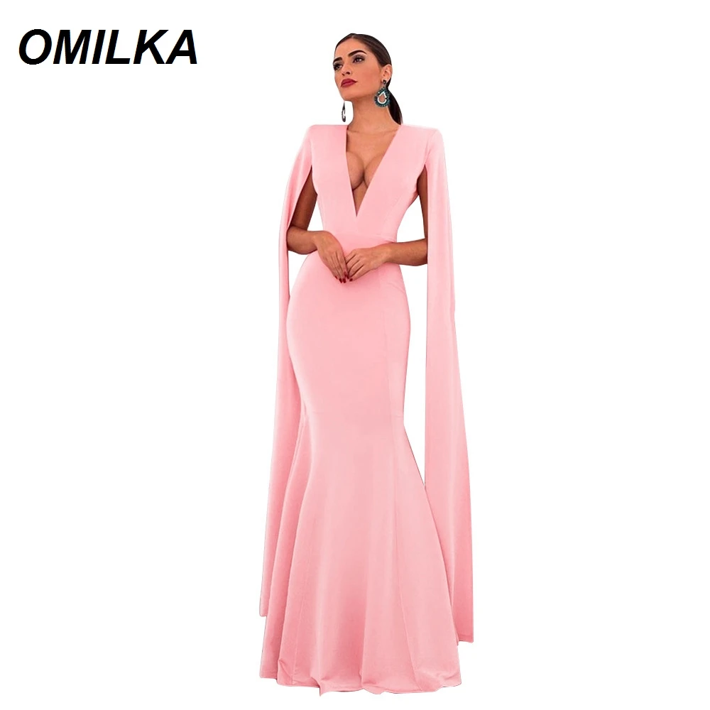

OMILKA Cloak Cape Mermaid Dress 2019 Autumn Women Long Sleeve Deep V Neck Backless Elegant Club Party Trumpet Long Maxi Dress