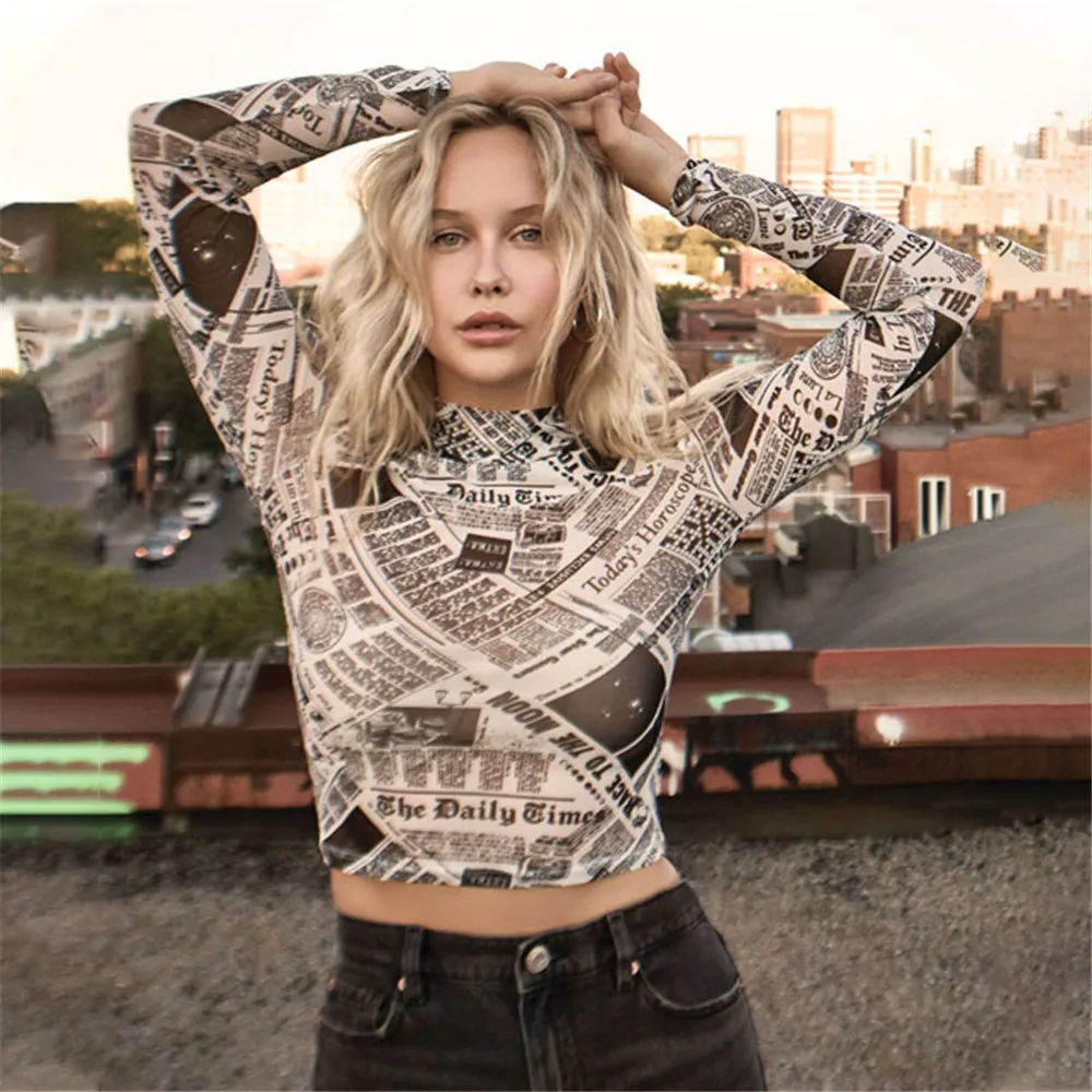

Autumn Women Letter Newspaper Irregular Printed Crop Top Stand Collar Patchwork Long Sleeves Bodycon Slim T-Shirt Tee