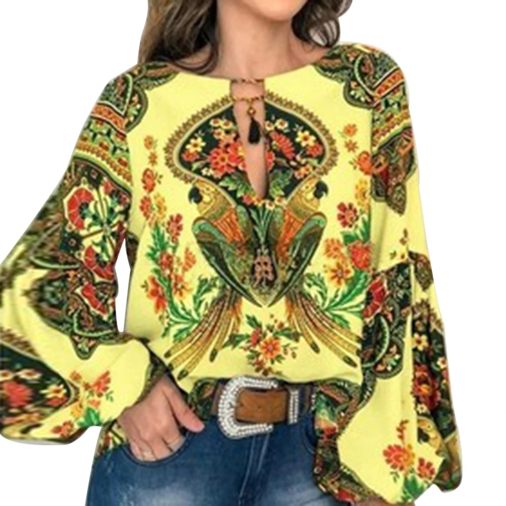 yellow Цветочный принт фонарь рукав размера плюс женские Топы V образным вырезом Blusas Mujer De Moda Повседневная винтажная рубашка блузка и блузка - Цвет: yellow
