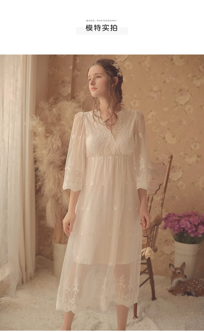 Для женщин мягкая обработанная вискоза, Винтаж длинная ночная рубашка Осенняя футболка с длинным рукавом белая кружевная Пижама, пикантная сорочка Домашняя одежда 1801