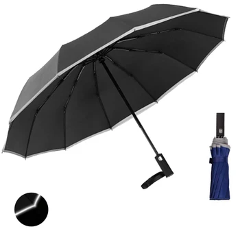

Reflective Safety Business Car Umbrella Wind Resistant Men Automatic Umbrellas 3 Fold Male 12K Parasol Auto Luxury Big Parapluie