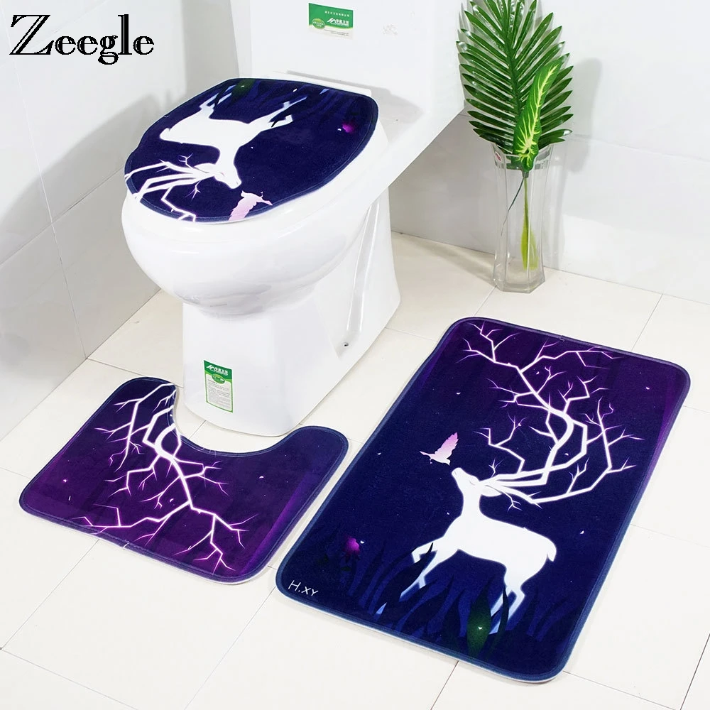 Zeegle Flannel Mats For Toilet Bathroom Rugs Deer Printed Bath Mat Absorbent Bathroom Carpet Set Non-slip Bath Rugs Shower Mats