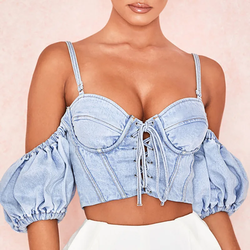 AIUJXK джинсовый стиль майка Женская мода с открытыми плечами на шнуровке Camis джинсы жилет Сексуальная Открытая спина укороченный Топы Женская повседневная одежда