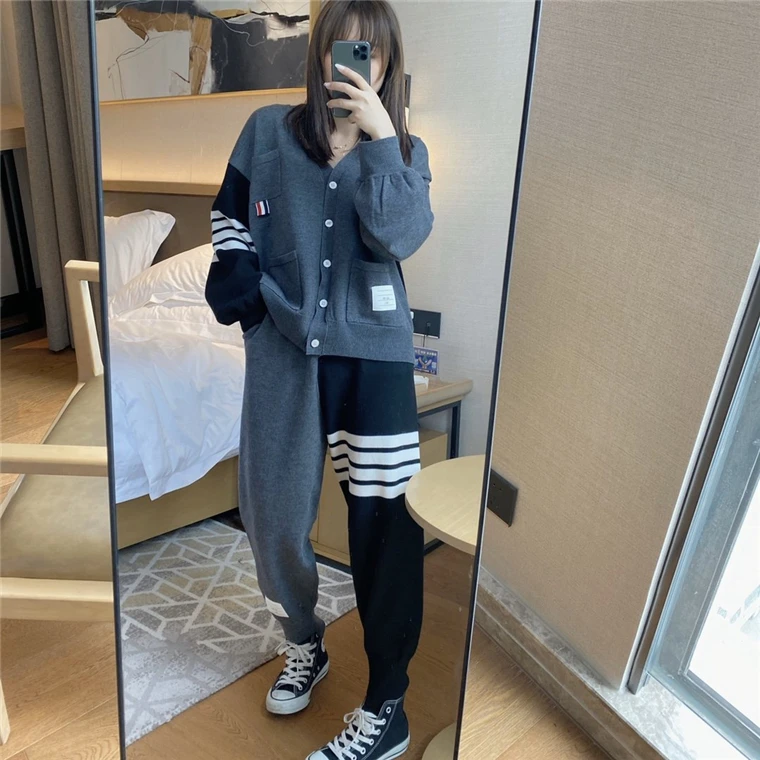 plus size pant suits for weddings Two Piece Set Women Outfits Plus Size Sets Top Clothing Pant Suits Vacation Clothes New Spring 2021 Korea Style Striped Cardigan women's skirt suit sets