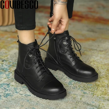 

COVIBESCO 2020 Retro Casual Women Ankle Boots Autumn Winter Cross-Tied Shoes Woman Genuine Leather Side Zipper Thick Heels Boots
