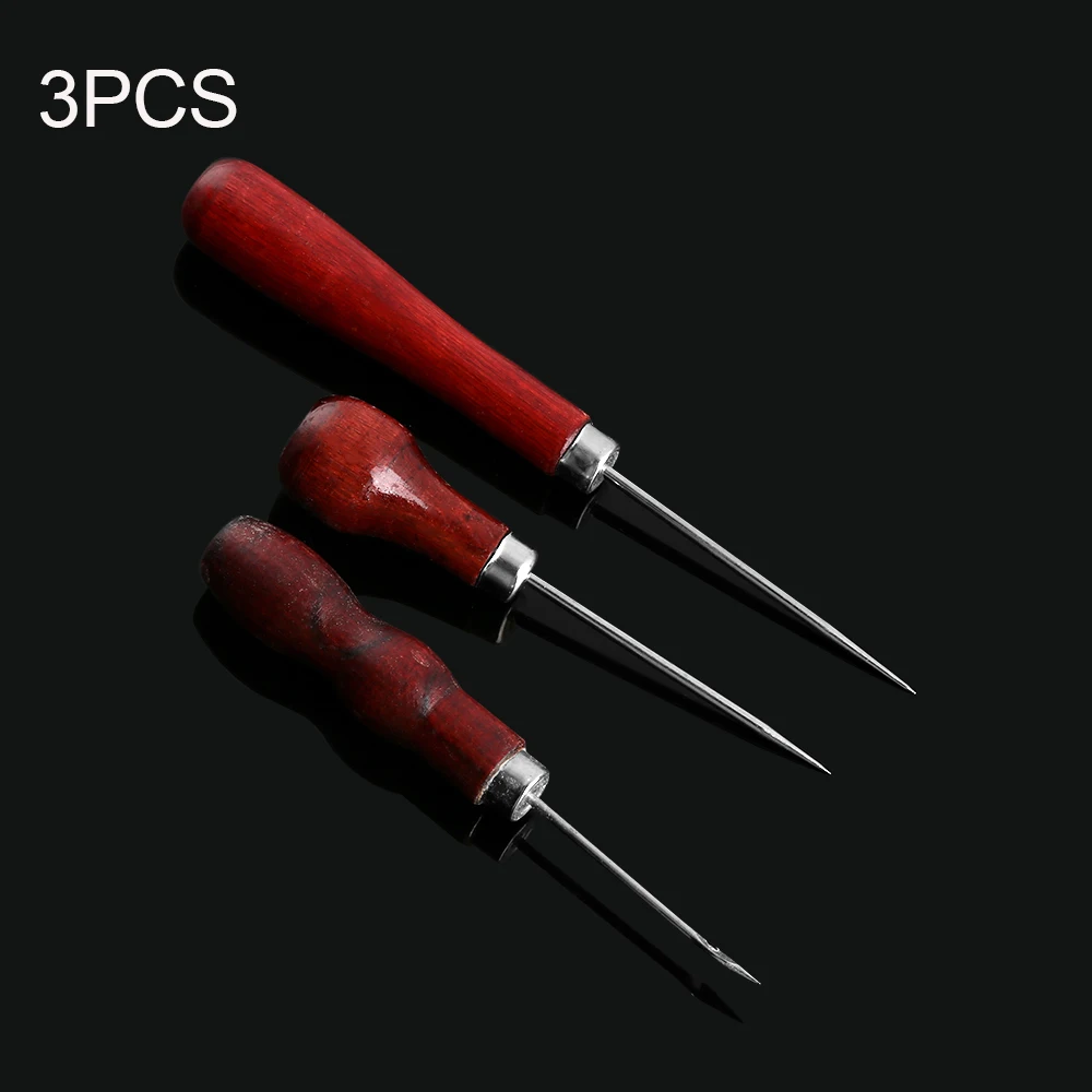 3PCS 1/3 шт деревянной ручкой Кожа Палатка швейных Шило Pin дырокол инструмент для ремонта ручной БРОШЮРОВЩИК Иглы Швейные аксессуары DIY ремесла - Цвет: 3PCS