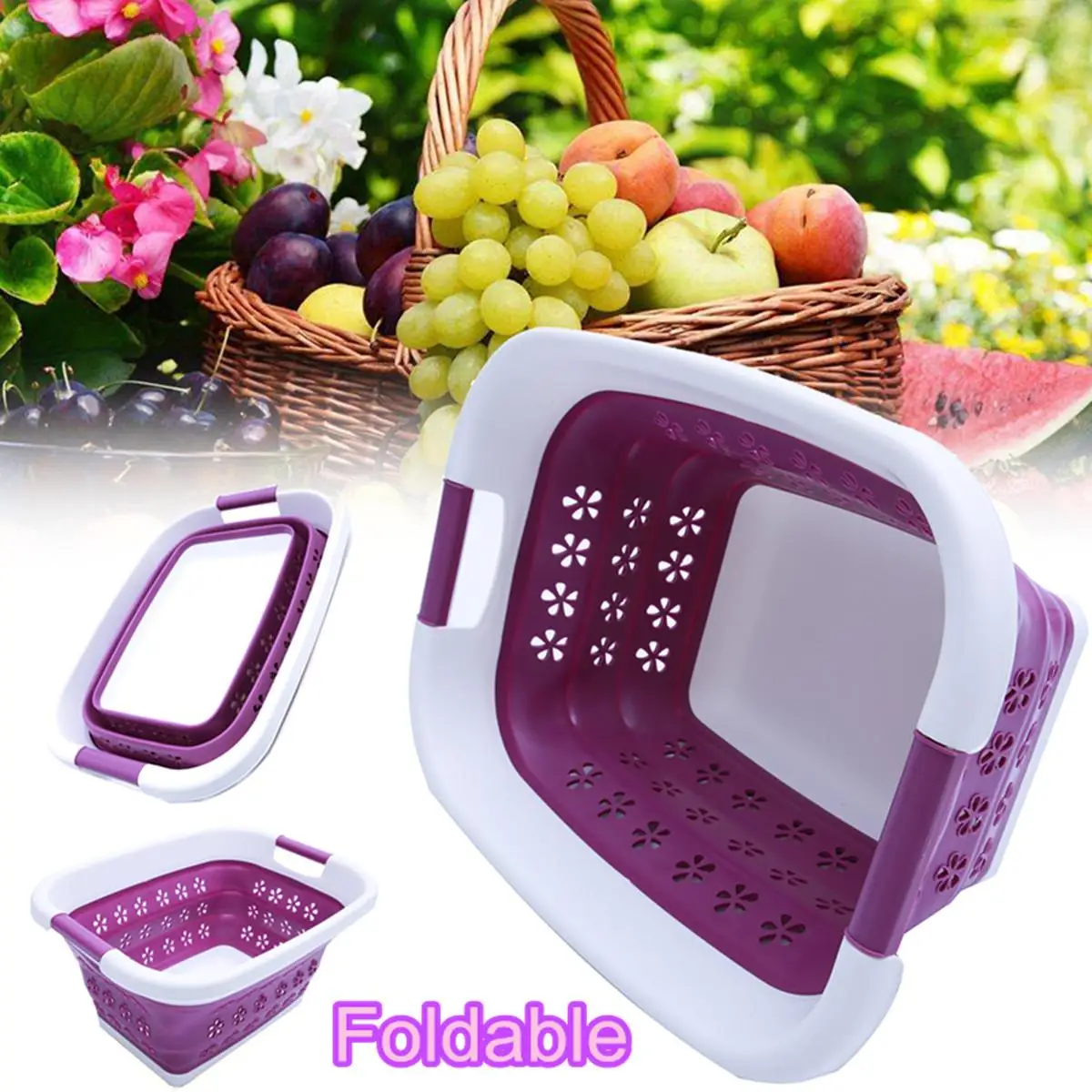 

Large Foldable Purple Storage Dirty Clothing Baskets Collapsible Laundry Basket Silicone Wash Clothes Fruits Bin Space Saving