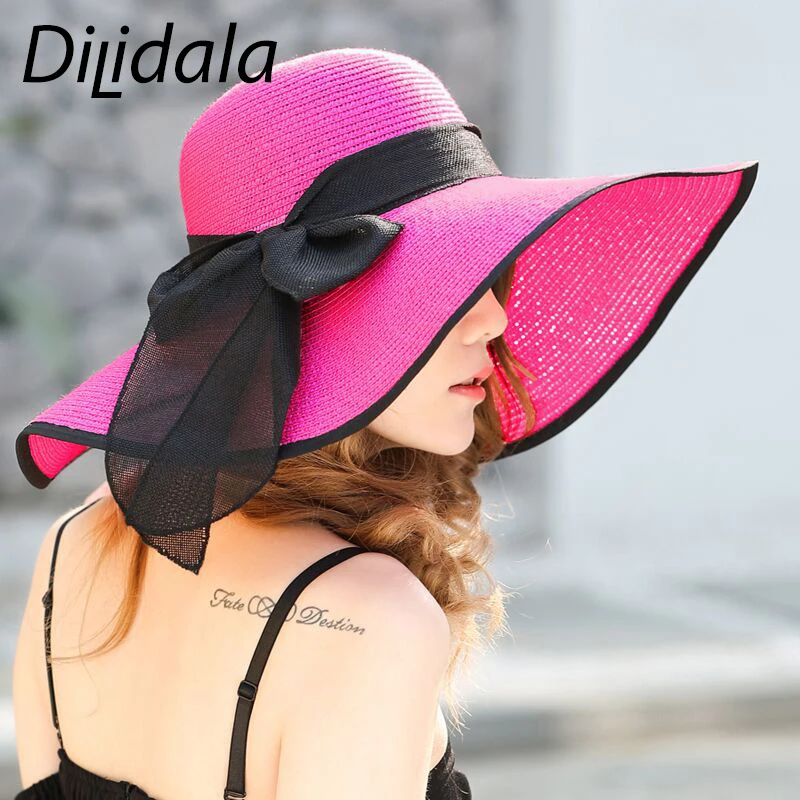 Dilidala, Дамская соломенная шляпа с большими полями, летняя Солнцезащитная шляпа с защитой от солнца, УФ Кепка с лентами, большая шляпа, женские складывающиеся шляпы для путешествий