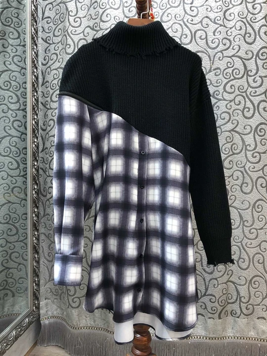 Early Autumn New Women's Neck, High-collar Knitted Spliced Chequered Long Sleeve Loose Dress 831