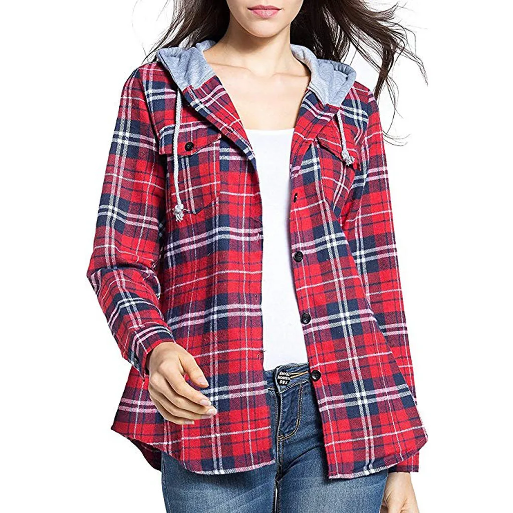 

SAGACE Fashion Women Classic Plaid Long Sleeve Hoodie Button-up Shirts fashion Polyester Casual Female T-shirts travel August 4