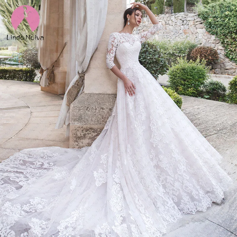 

Vestido De Noiva Fashion 3/4 Sleeves Boat Neck Lace A Line Wedding Dress 2020 Swanskirt Appliques Lace Up Princess Wedding Gowns