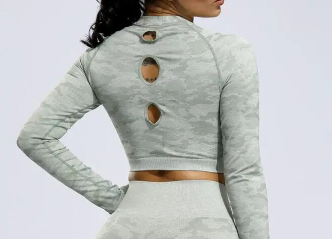 SWEETWOO Camo бесшовный топ для йоги топы Спортивные с длинными рукавами для женщин Открытая Спина фитнес-тренажерный зал укороченный Топ Спортивная рубашка женская спортивная одежда
