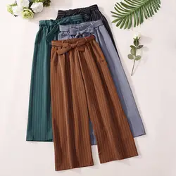 Корейские женские брюки для женщин 2019 осенние кружевные полосатые широкие брюки с бантом женские тонкие повседневные свободные брюки для