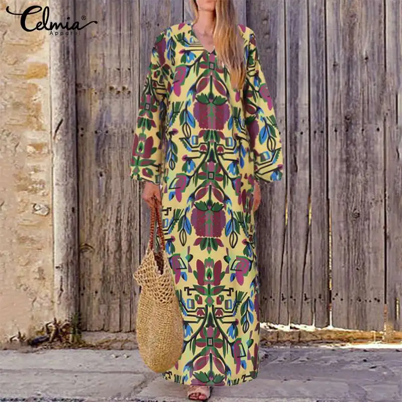 

Plus Size Vintage Dresses Celmia Women V neck Long Sleeve Casual Baggy Printed Vestidos Robe Loose Party Long Maxi Dress Kaftan