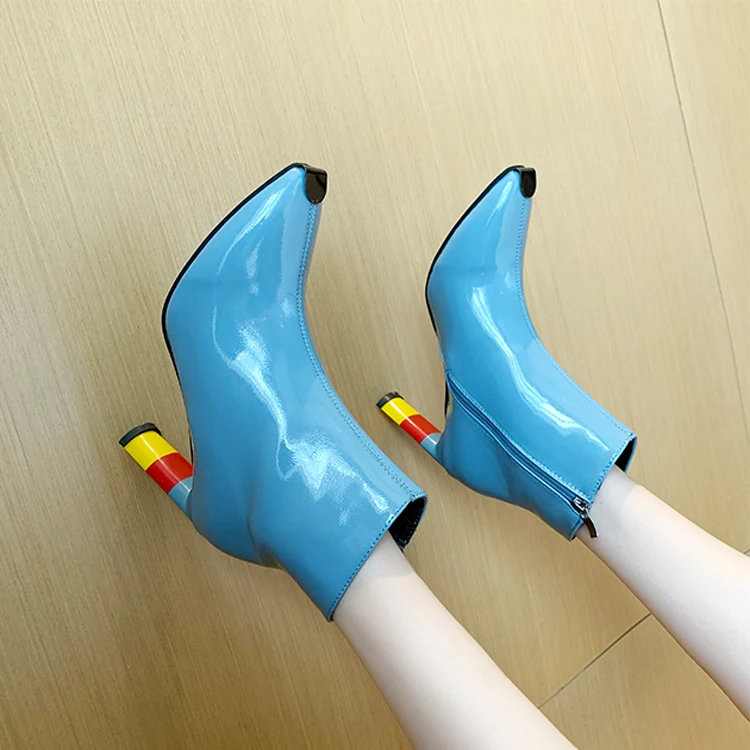 Black Beige Blue Patent Leather Short Boots Women Winter Keep Warm Fashion Metal Decoration High Heel Ankle |