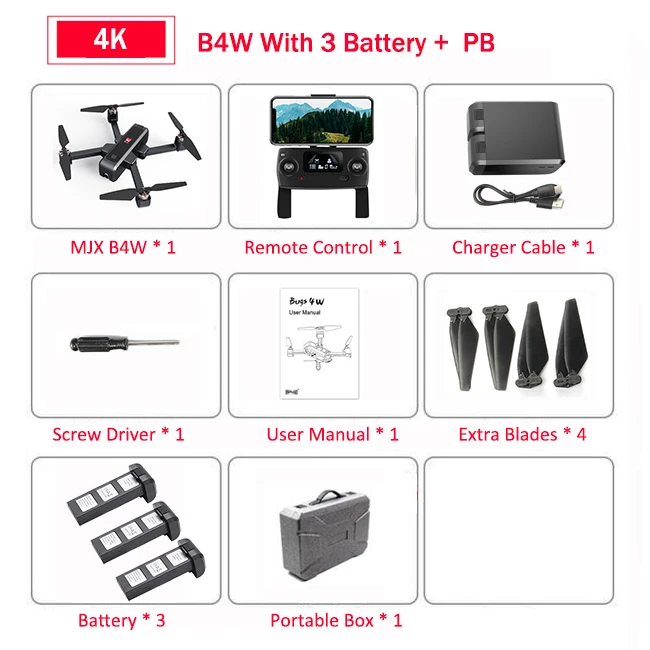 MJX Bugs 4W B4W 5G gps бесщеточный складной Дрон с 4K FHD wifi FPV камерой с защитой от тряски 1,6 км 25 минут оптический поток RC Квадрокоптер - Цвет: Black 3B PortableBox