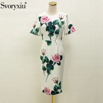 

Svoryxiu Runway Elegant Autumn White Rose Flower Print Dress Women's Fashion Short Sleeve O-Neck Party Knee-Length Dresses