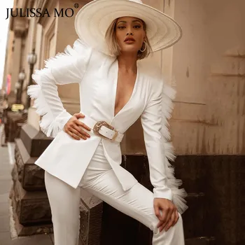 

JULISSA MO White V-Neck Mesh Spliced Sexy Blazer and Pants Set 2 Piece Women Autumn Winter Long Sleeve Elegant Jacket Suits 2019