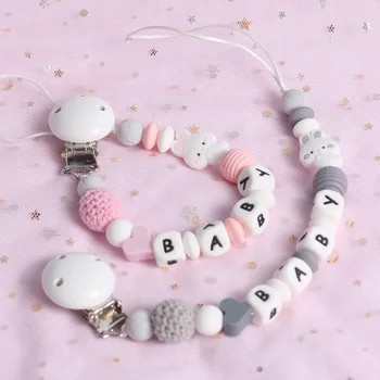 

Customized Name Baby Pacifier Clips Cute Rabbit Silicone Beads Pacifier Chain Holder Baby Teething Teether Toy Shower Gifts
