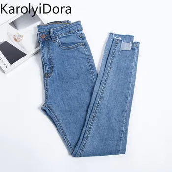 

2020 Spring New Slim Stretch High Waist Skinny Jeans Female Scratch Worn Feet Vintage Black Blue Pencil Pants Women Jeans