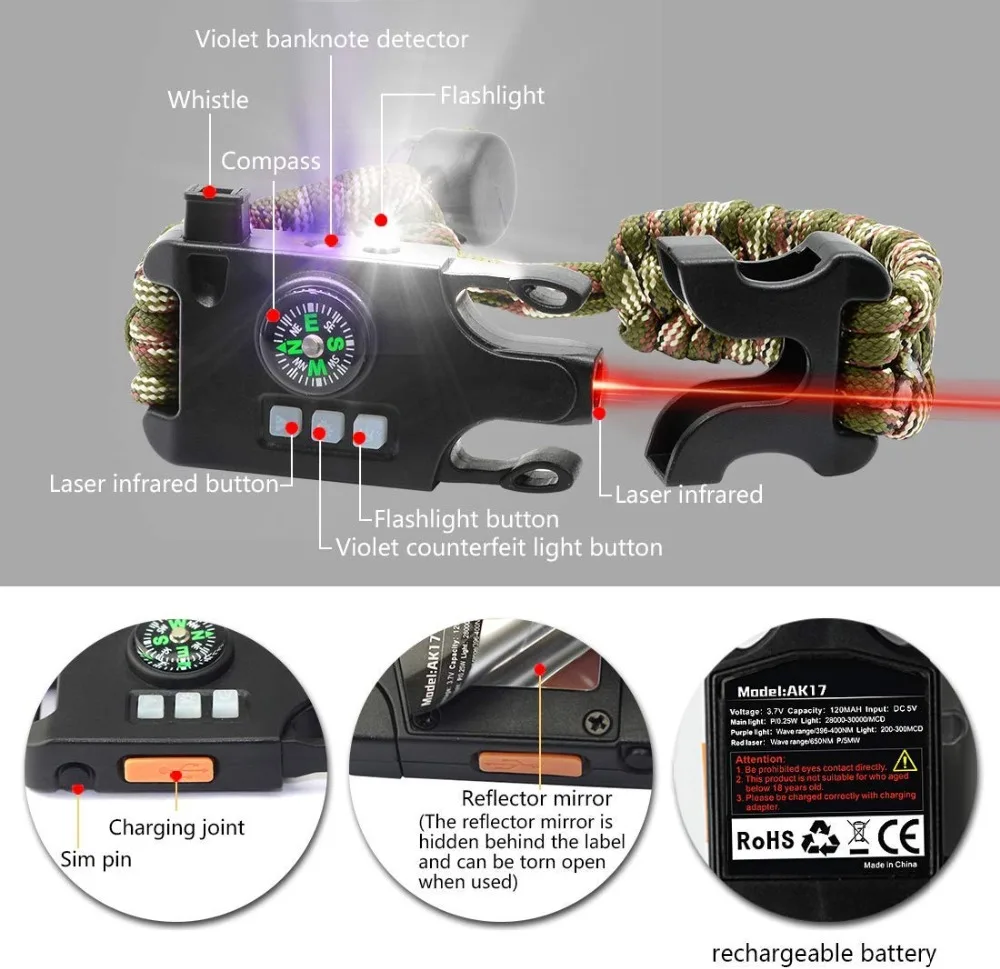 Survival Paracord Bracelet Tactical Emergency Gear Kit With Laser Infrared SOS LED Flashlight UV Lamp Compass Rescue Whistle (5)