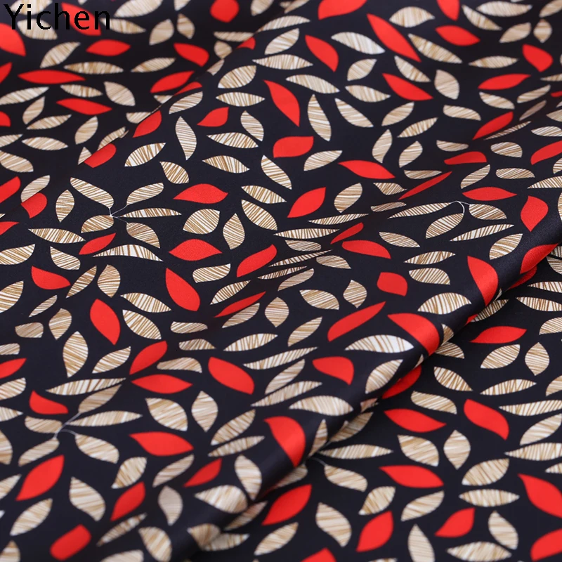 leaf print Fabric 93% natural silk& 7% spandex Printing Elastic Satin Real Cloth Natural Clothing Cheongsam Dress