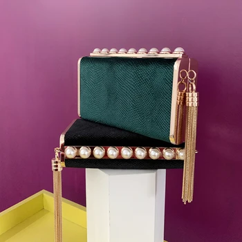 

Luxury Pearl Evening Bag Clutch Purse Black Tassels Crystal Evening Bag Bridal Wedding Handbag Chain