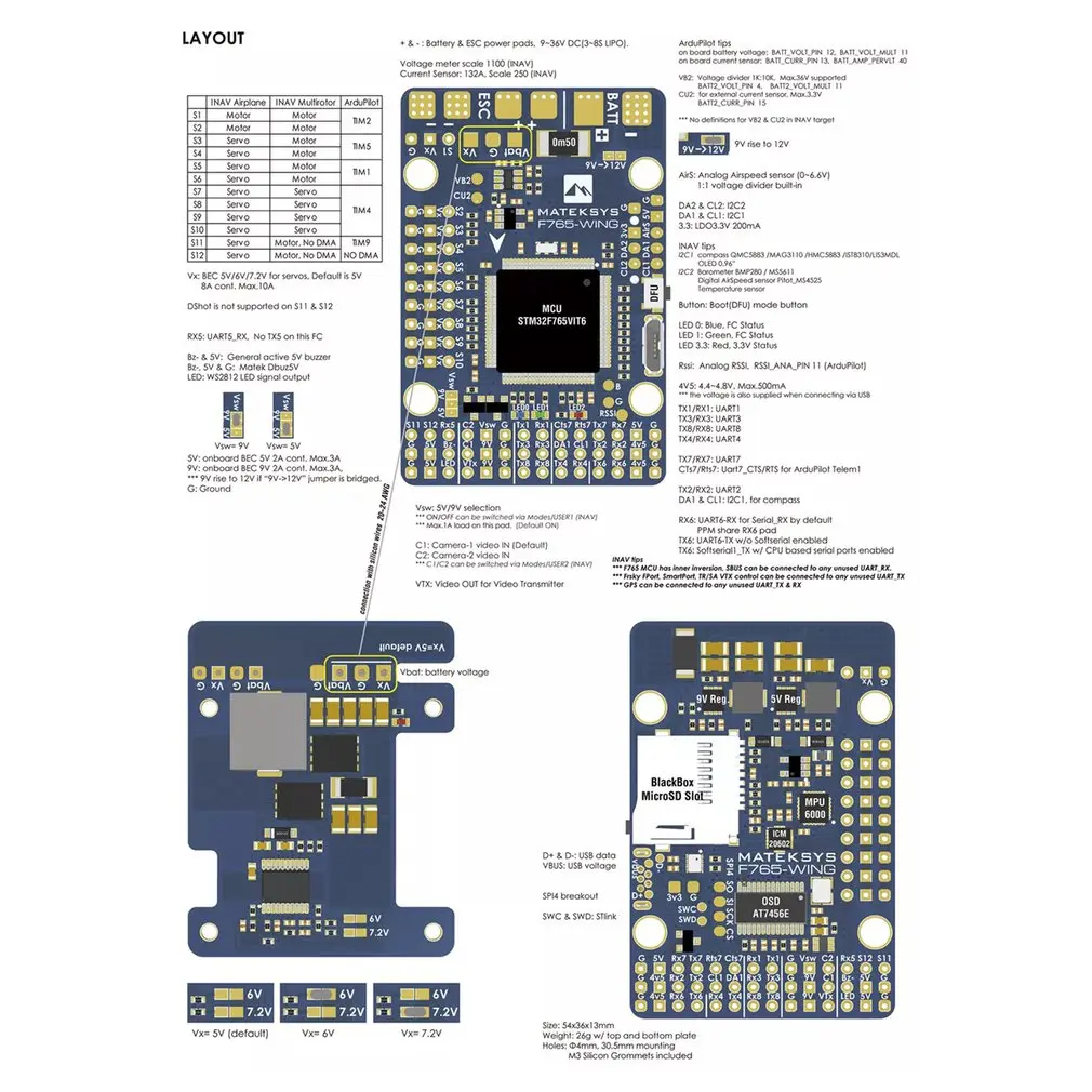 Matek Systems F765-WING STM32F765VI 216 МГц игровые джойстики со встроенным серверный компьютером с экранным меню AT7456E для дрона с дистанционным управлением с неподвижным крылом аксессуары
