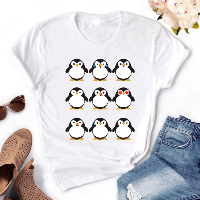 

kawaii Penguin Print Women t-shirts Summer Casual Short Sleeve O-Neck tshirts Ladies Female Tee Tops 5 colors Women Clothing