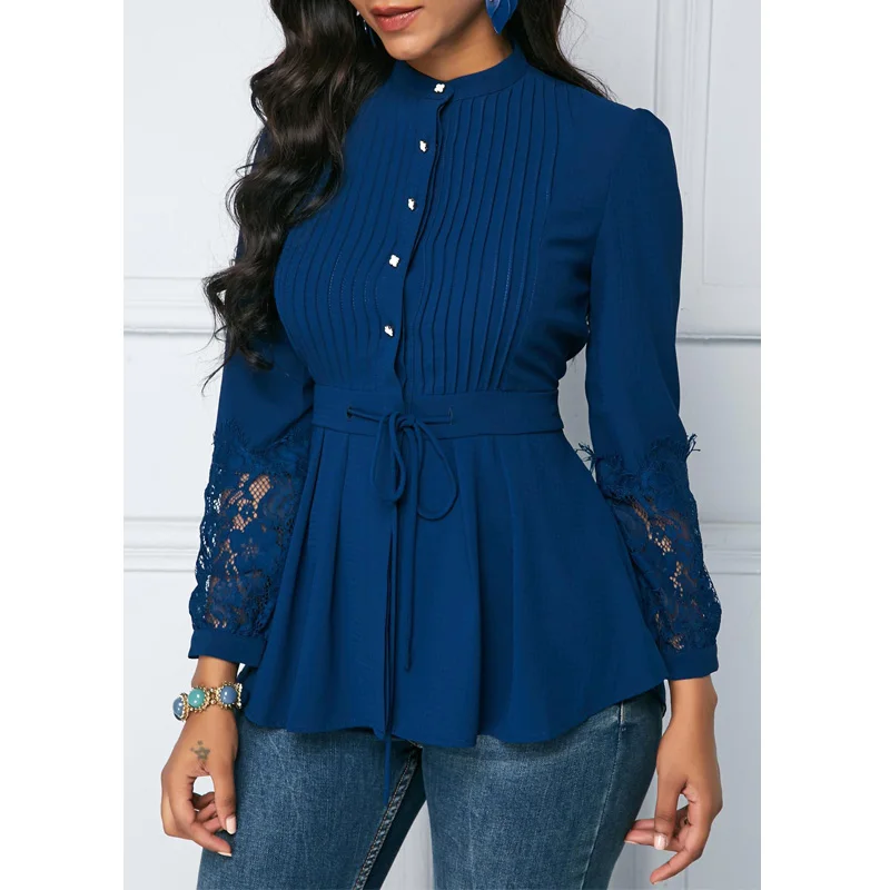 Новая мода, винтажные элегантные женские рубашки, блузки, весна-осень, длинный рукав, кружевная панель, морщинка, грудь, баска, блузка - Цвет: Королевский синий