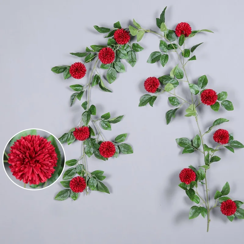 Yumai 12 голов Одуванчик Шелковый цветок лоза 180 см белые цветы гортензии струны с листом гирлянда для свадьбы украшения сада - Цвет: Красный