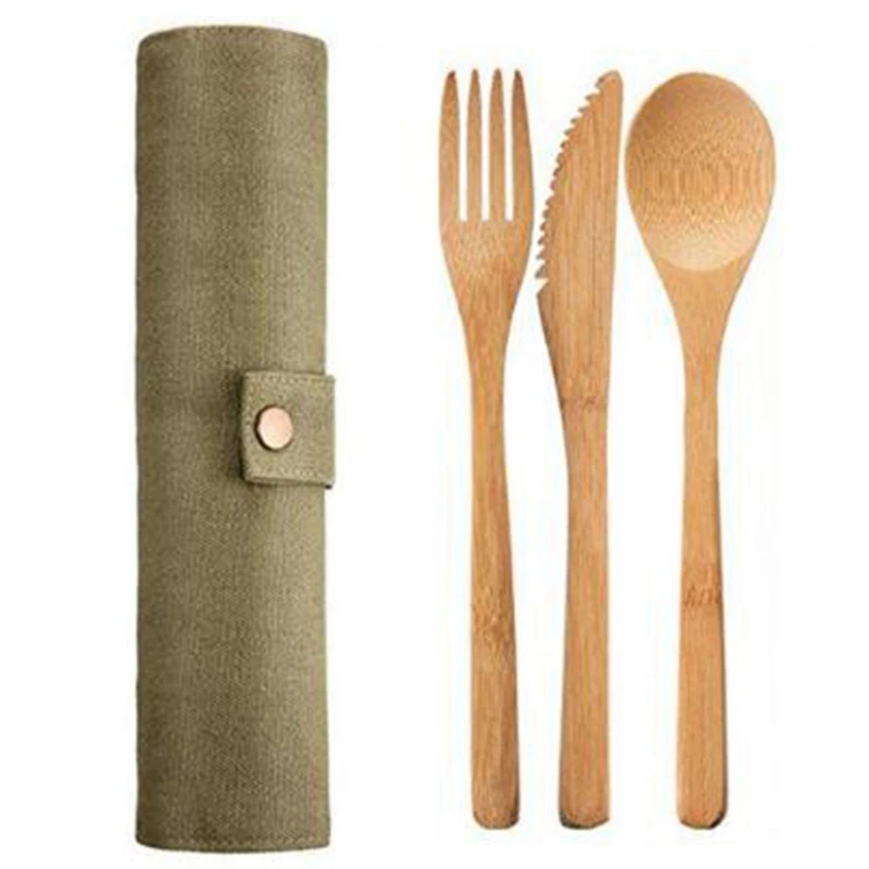 

NEW-Reusable Bamboo Cutlery Set Portable Tableware Wooden Cutlery Fork Spoon Knife Set With Cutlery Bag For Travel Utensil Set