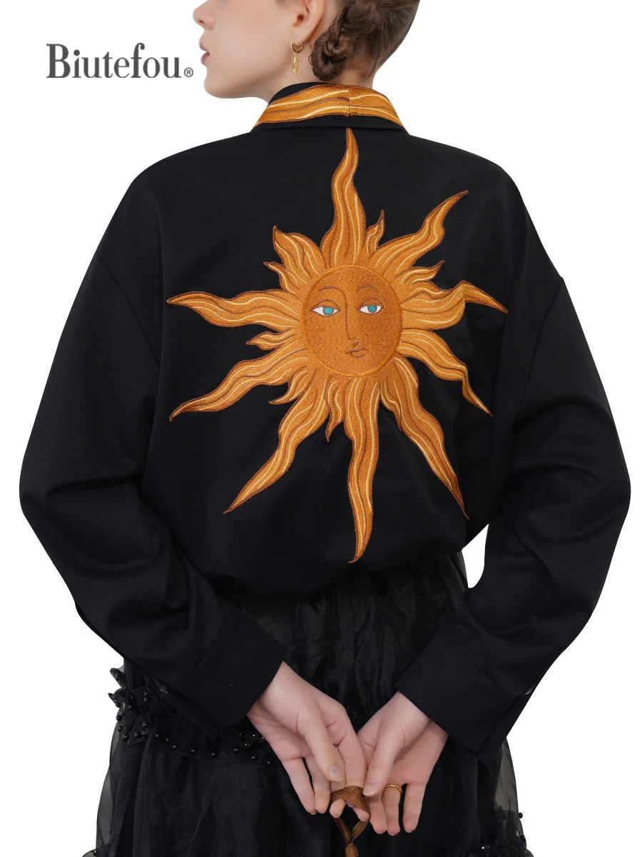Women's Golden Sun Flame Embroidery Shirt, Spring and Autumn Shirt, Original Design очаг royal flame design 650 cg 64909975